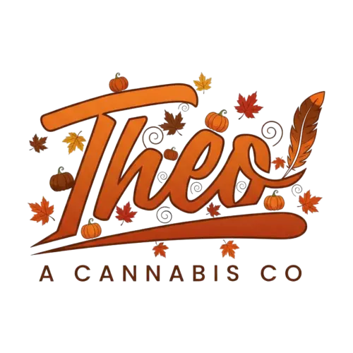 Theo Cannabis Co autumn-themed logo featuring orange script lettering surrounded by falling leaves and small pumpkins.