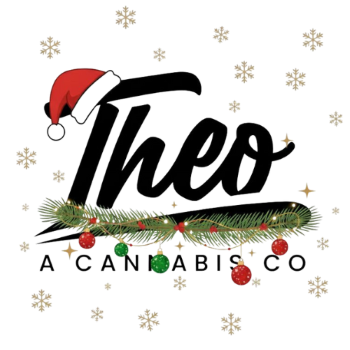 The official logo of Theo A Cannabis Co, designed for the Christmas holidays with a Santa hat, snowflakes, and other Christmas decors.