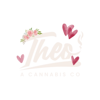 The official logo of Theo A Cannabis Dispensary redesigned with a Valentine's theme, showing hearts and flowers.