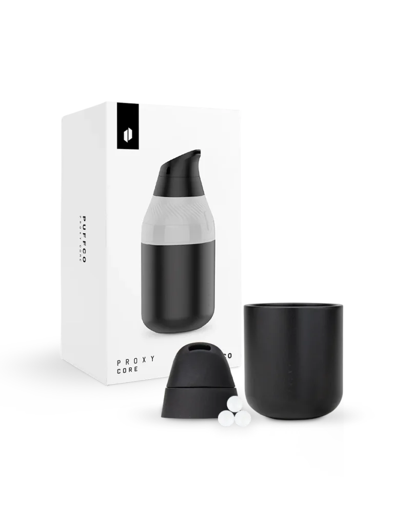 Puffco Proxy Core portable e-rig for dabbing cannabis concentrates, shown with travel base, terp pearls, and box