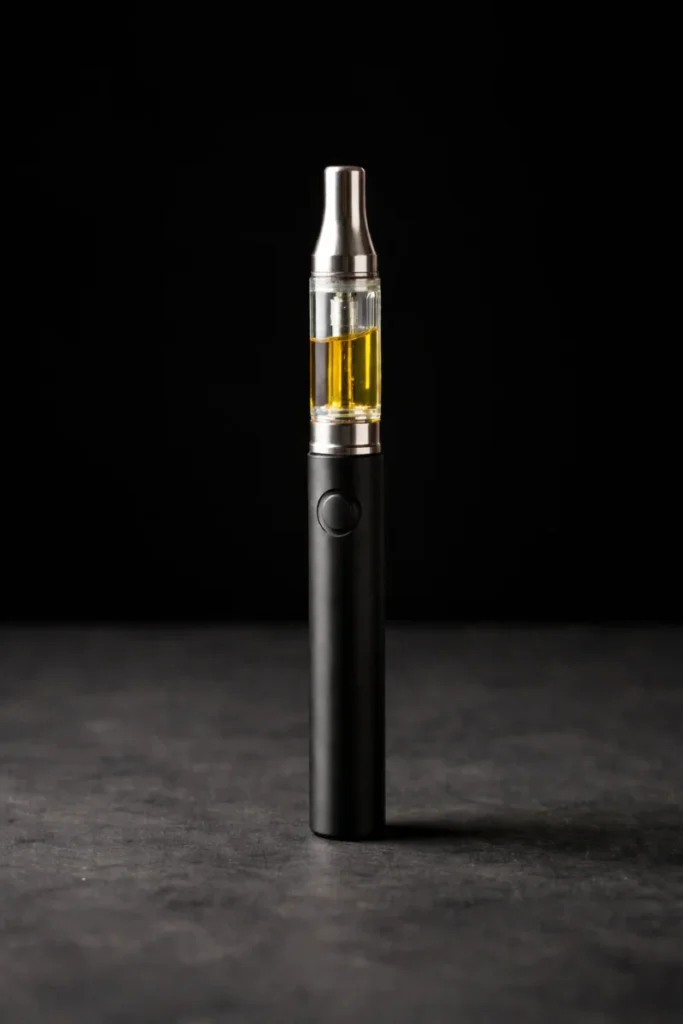 Cannabis dab pen vape with glass cartridge filled with golden concentrate oil standing on a dark background