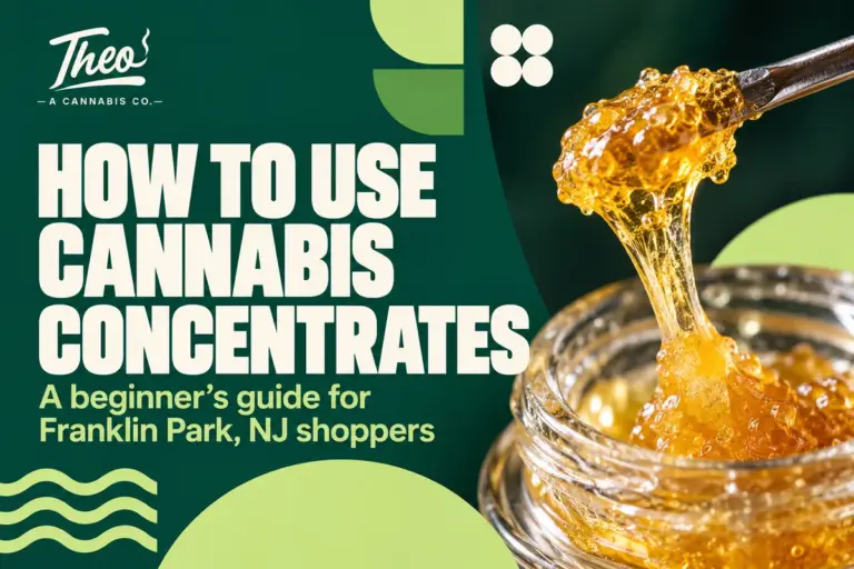 Dab tool lifting golden, glossy concentrate from a glass jar, beside the headline for Theo’s beginner’s guide to cannabis concentrates for Franklin Park shoppers