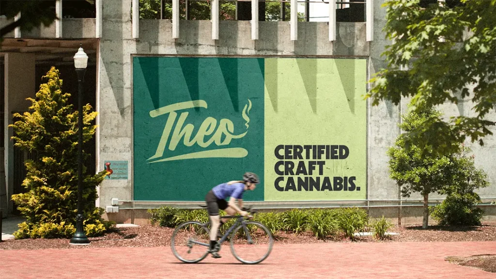 Billboard for Theo Cannabis Dispensary in Franklin Park, NJ showing 'Certified Craft Cannabis' with a cyclist riding past.