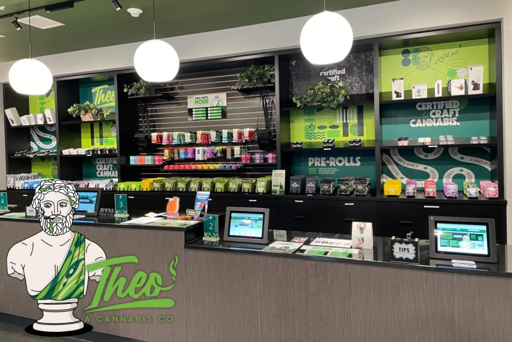 Interior of Theo, a cannabis dispensary near New Brunswick, NJ, showcasing colorful product displays, pre-rolls, edibles, and checkout stations with branded signage and a welcoming retail setup.