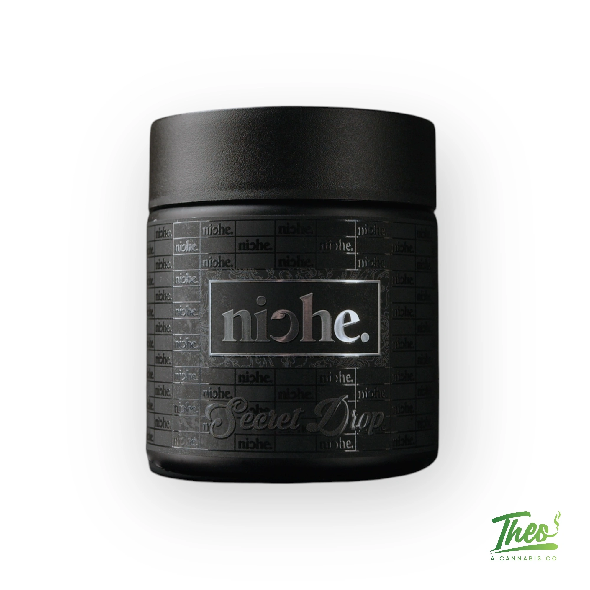 Niche Secret Drop Oishii III 3.5g cannabis flower in sleek black jar, available at Theo Cannabis Co.
