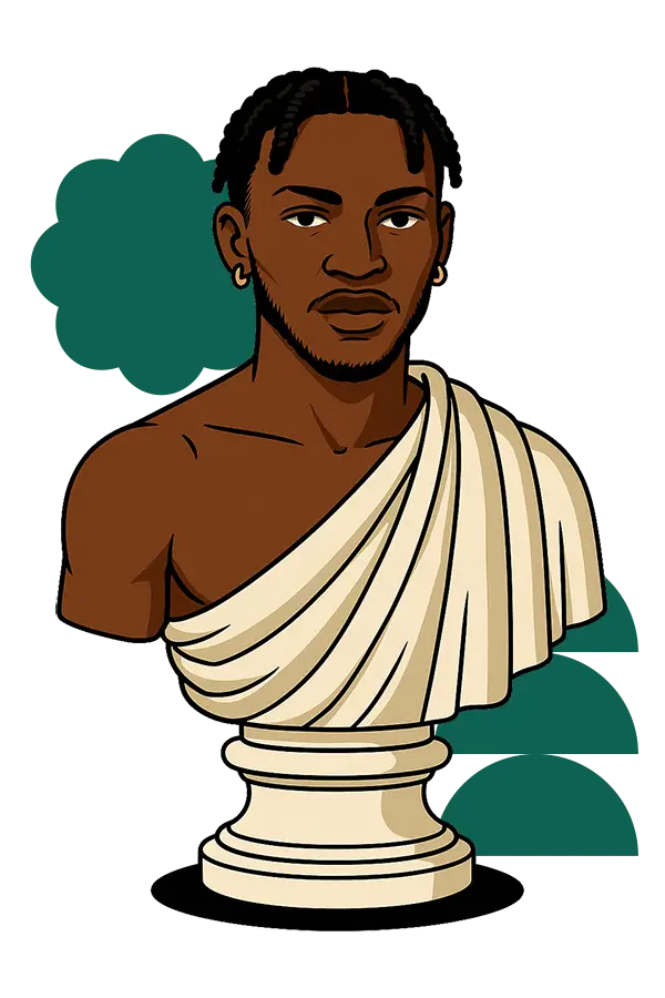 Illustrated bust of Nahjae YK, a Theo budtender, styled in a classical statue look with a calm expression, gold earrings, and draped toga. Part of the Budtenders’ Choice series.