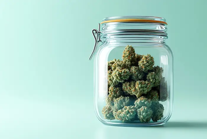 Glass jar filled with premium cannabis flower buds on a teal background. Represents the flower product category at Theo cannabis dispensary.