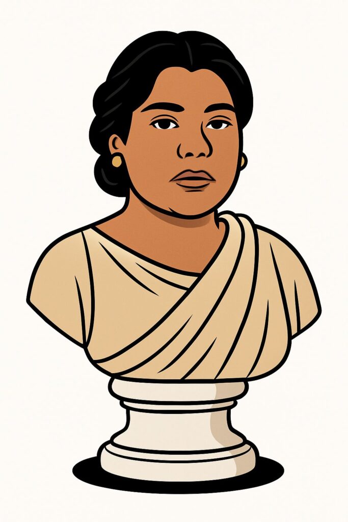 Illustrated bust of May, a Theo budtender, styled in a classical statue look with a calm expression, gold earrings, and draped toga. Part of the Budtenders’ Choice series.