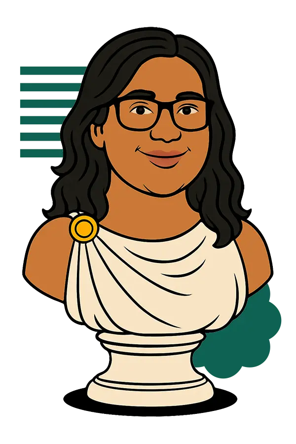 Illustrated bust of Rohita, a Theo budtender, styled in a classical statue look with a welcoming smile, glasses, and draped toga. Part of the Budtenders’ Choice series.