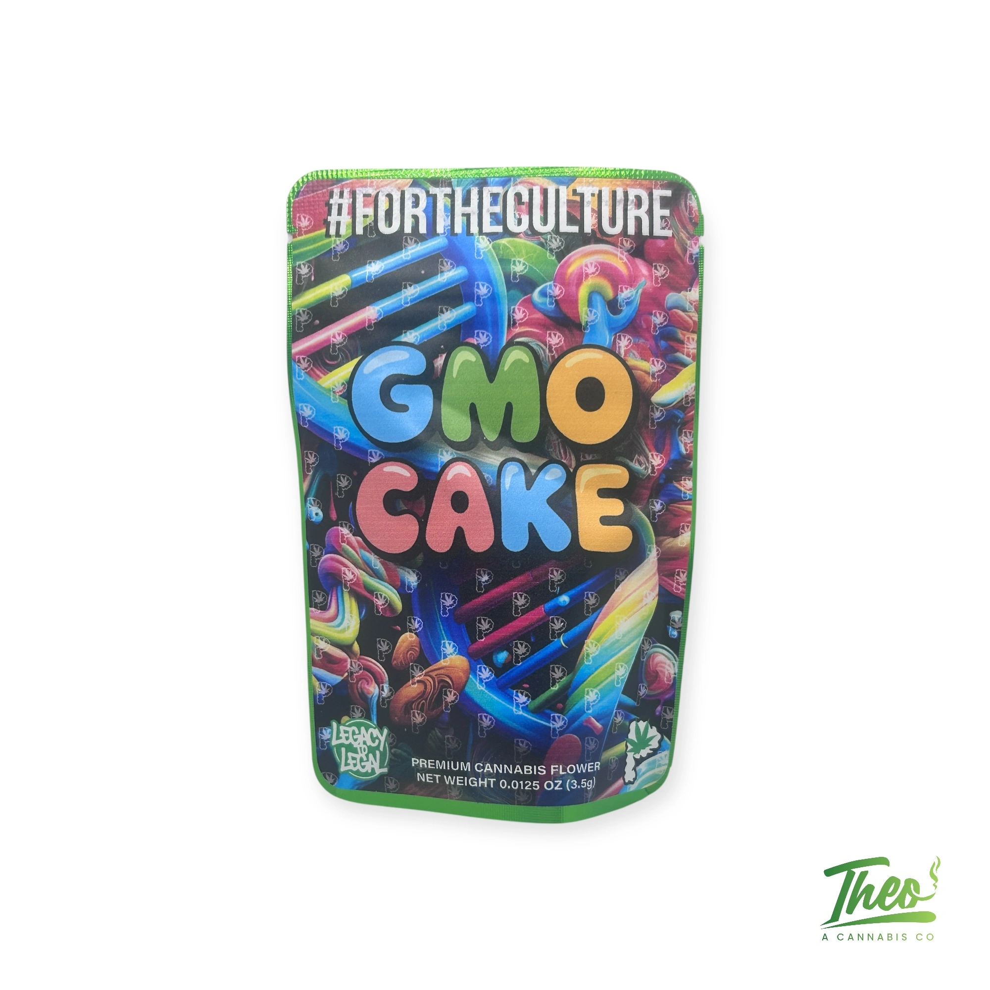 Colorful packaging of GMO Cake premium cannabis flower by Legacy Leal / Prolific, labeled with #ForTheCulture. Sold at Theo, a cannabis dispensary.