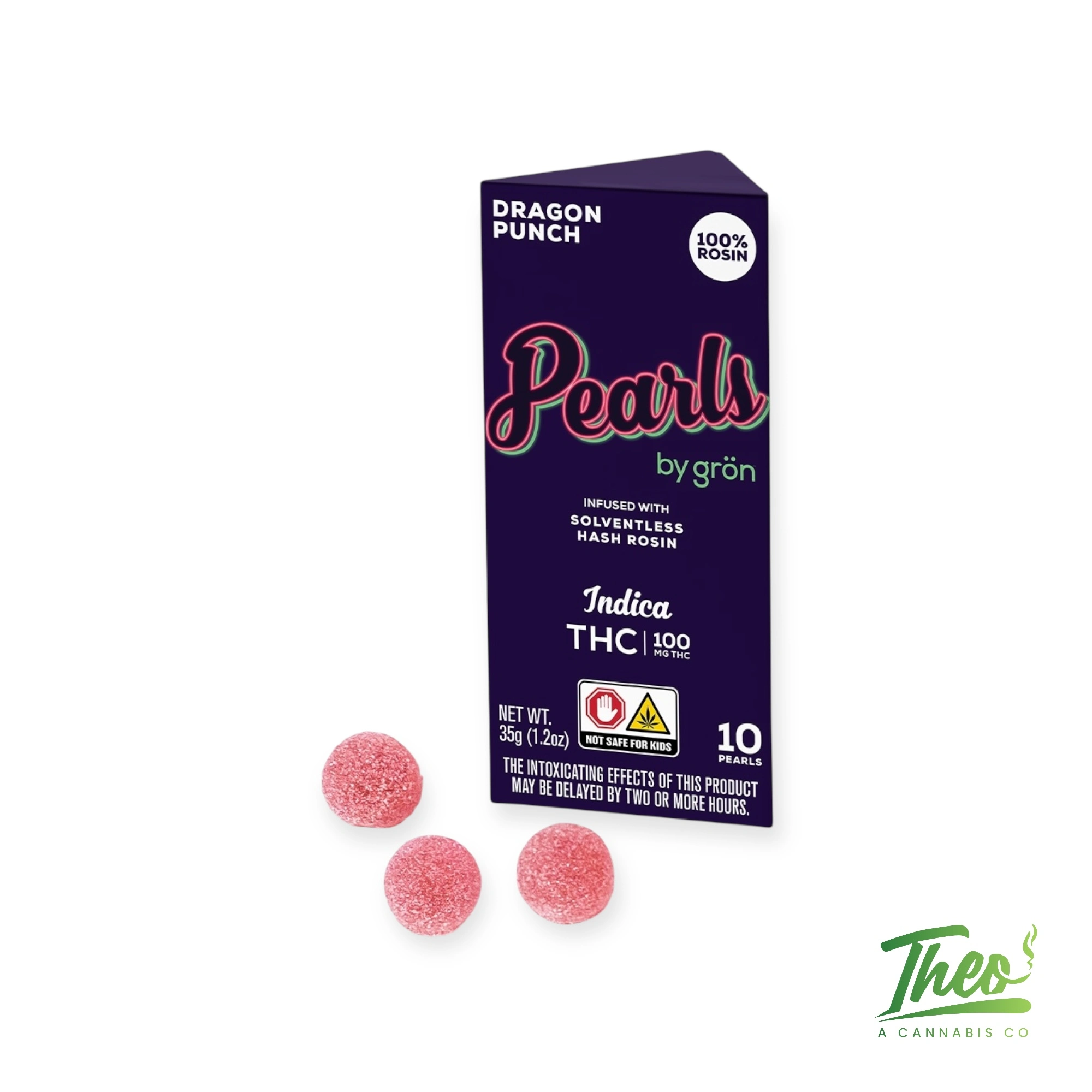 Box of Pearls by Grön in Dragon Punch flavor with three red sugar-coated gummies displayed beside it. THC-infused indica edibles made with solventless hash rosin.