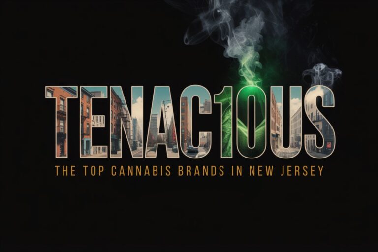 Dramatic hero image of the word ‘TENAC10US’ featuring New Jersey city street scenes within the letters ‘TEN’ and the number ‘10’ subtly integrated into the typography, with cannabis smoke and green light effects – title graphic for top cannabis brands in New Jersey