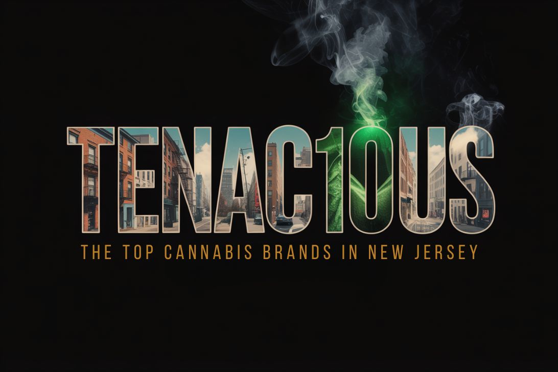 Dramatic hero image of the word ‘TENAC10US’ featuring New Jersey city street scenes within the letters ‘TEN’ and the number ‘10’ subtly integrated into the typography, with cannabis smoke and green light effects – title graphic for top cannabis brands in New Jersey