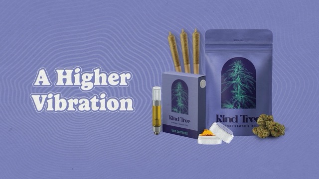Kind Tree cannabis flower, pre-rolls, and vape cartridge on purple background with ‘A Higher Vibration’ slogan – NJ-focused brand known for terp-rich strains like NJ Gas Man.