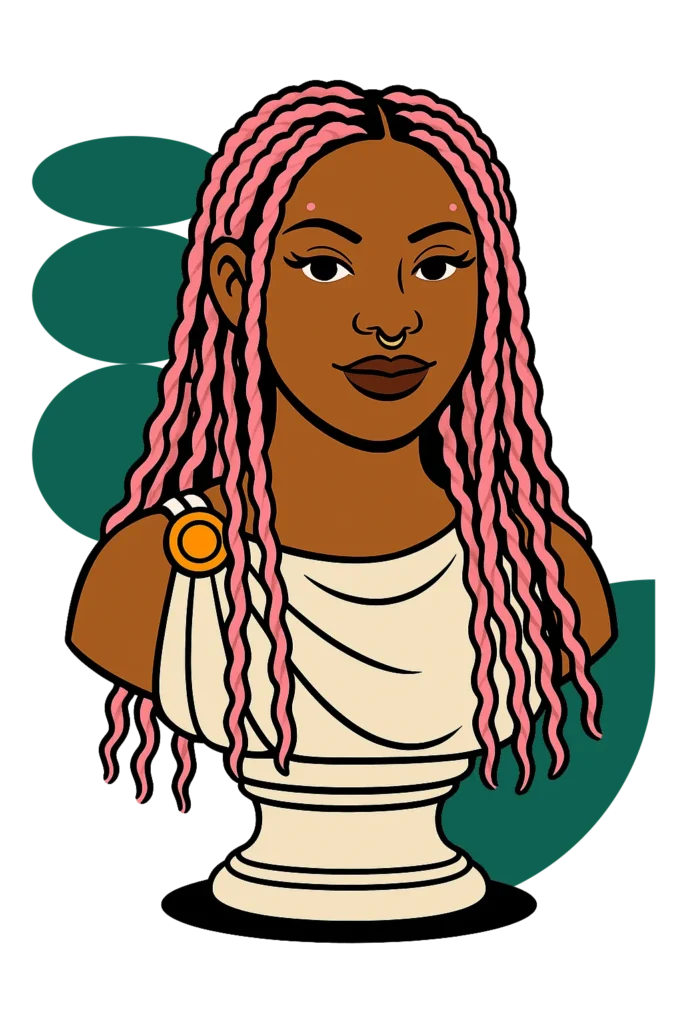 Illustrated bust of Vanessa, a Theo budtender, styled in a classical statue look with a welcoming smile and draped toga. Part of the Budtenders’ Choice series.