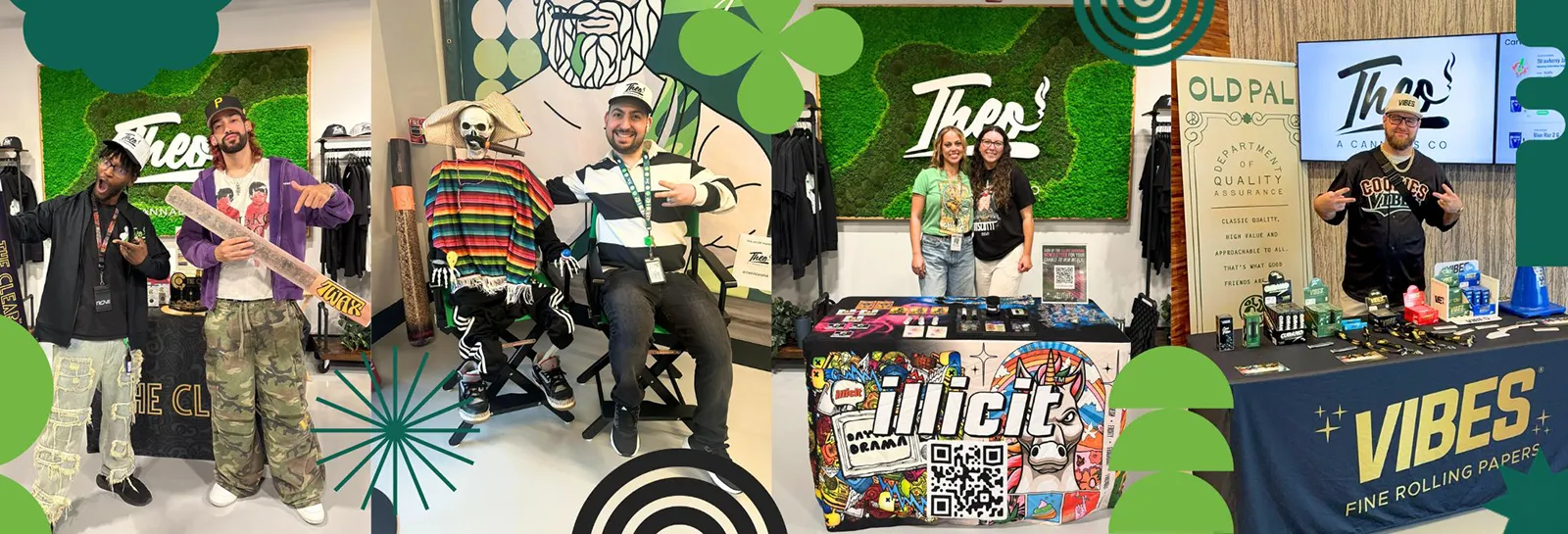 Cannabis brand pop-up event at Theo Dispensary featuring booths for Vibes rolling papers, Illicit cannabis, Old Pal, and Funky; retail staff and vendors showcase products, branded merch, and in-store activations for customer engagement.