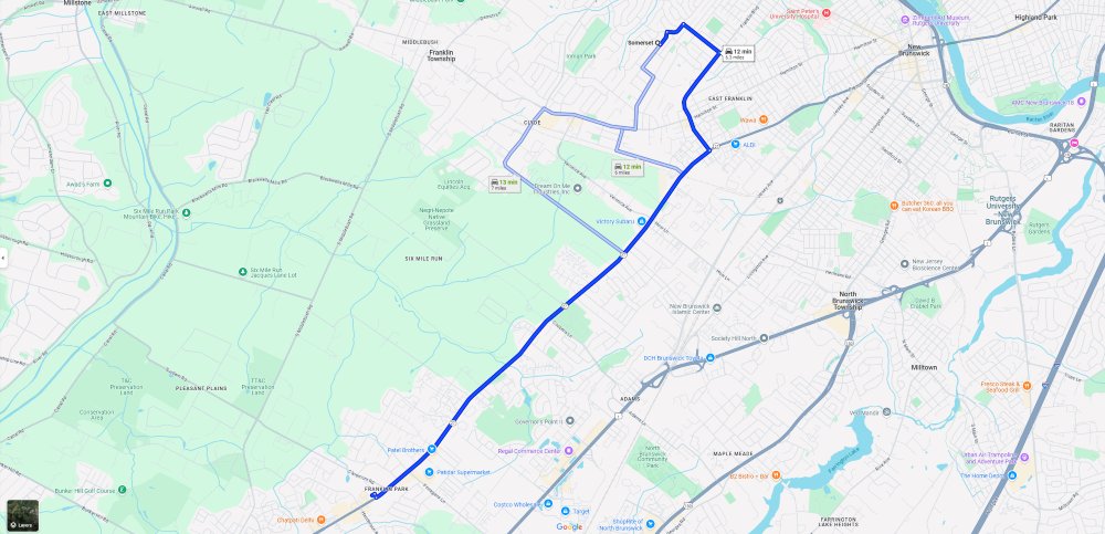 Map outlining the route from Somerset, NJ to Theo A Cannabis Dispensary. The path winds through East Franklin and connects to NJ-27 South, showing an estimated 12-minute drive time for a distance of roughly 4.5 miles.