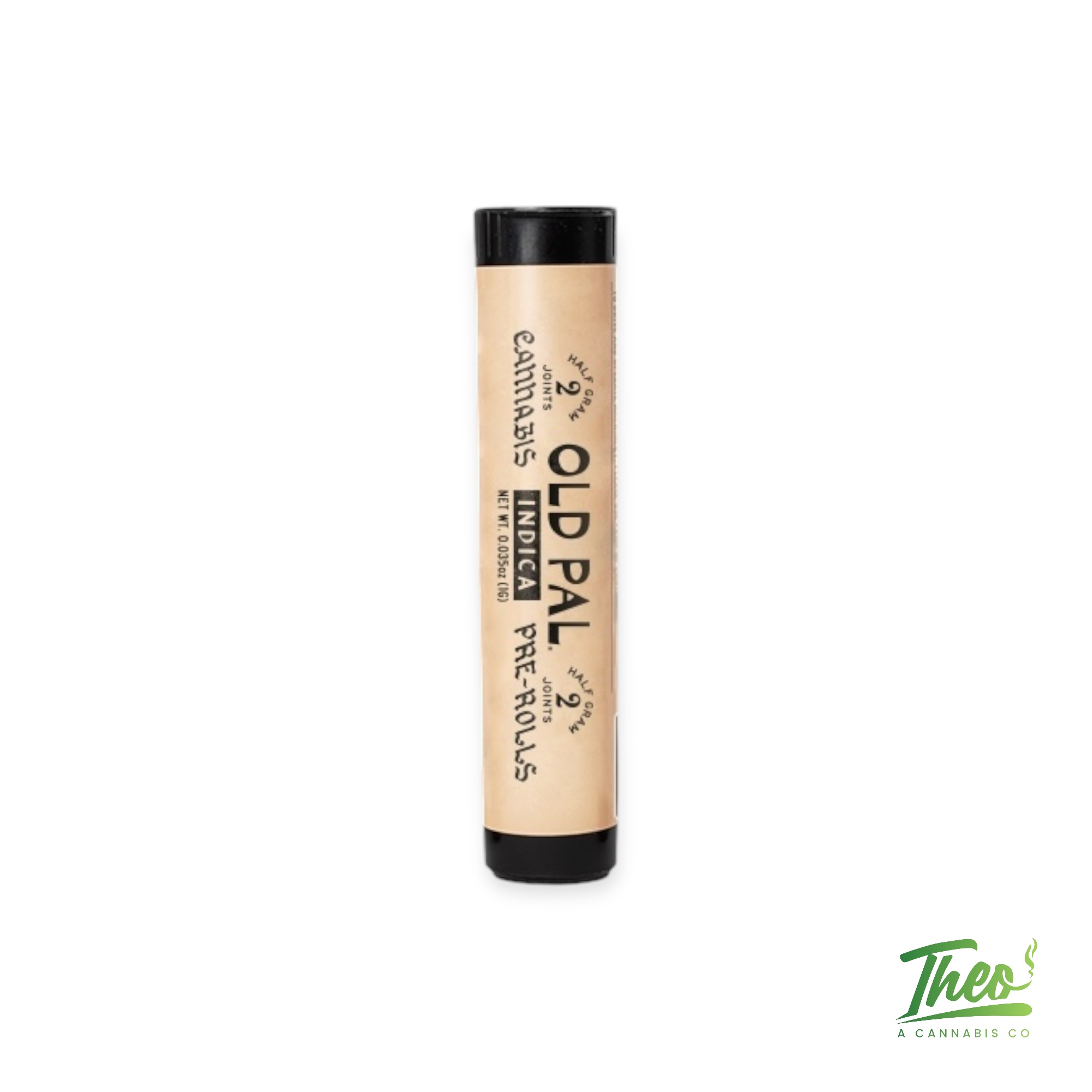 Old Pal Indica cannabis pre-rolls in a tan and black tube, labeled as containing two half-gram joints. Classic and minimalist packaging style.