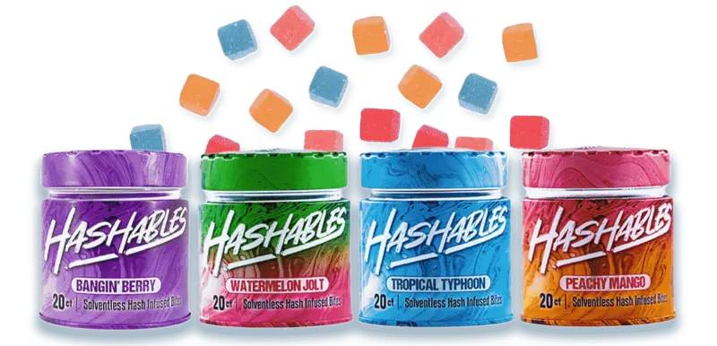 Hashables solventless hash rosin gummies in assorted flavors displayed with colorful gummy pieces