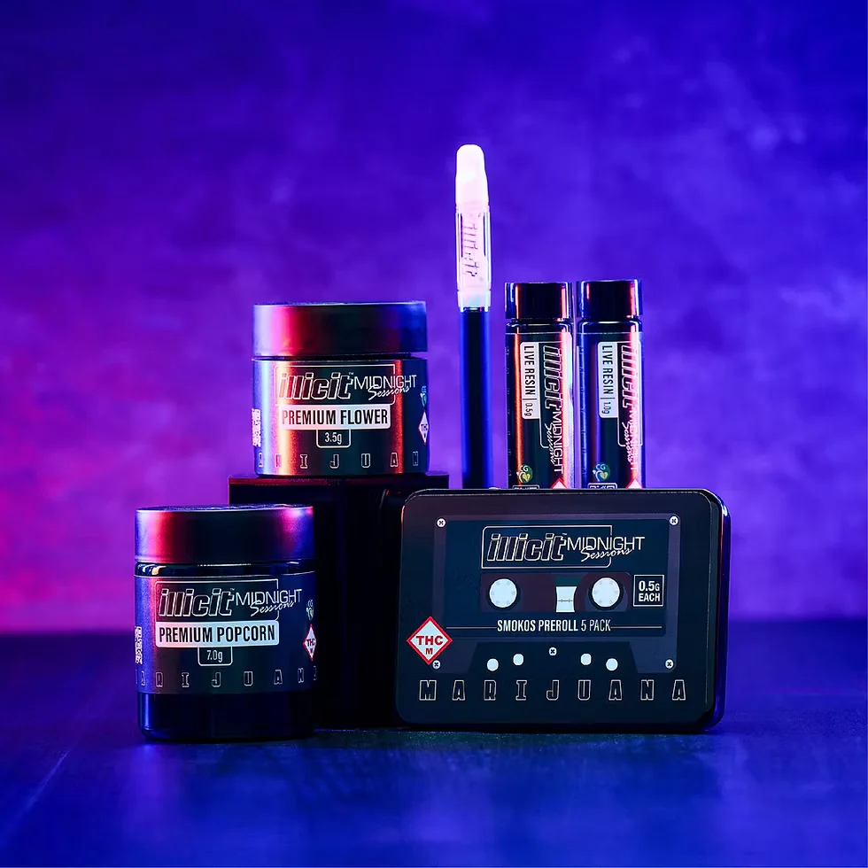 Illicit cannabis products including premium flower, live resin vapes, and pre-rolls displayed under purple lighting