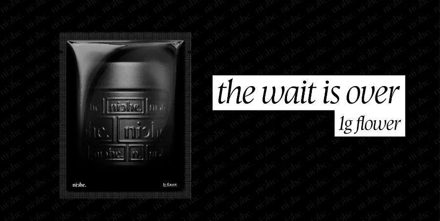 Niche 1g cannabis flower packaging displayed on a dark background with text reading “the wait is over”