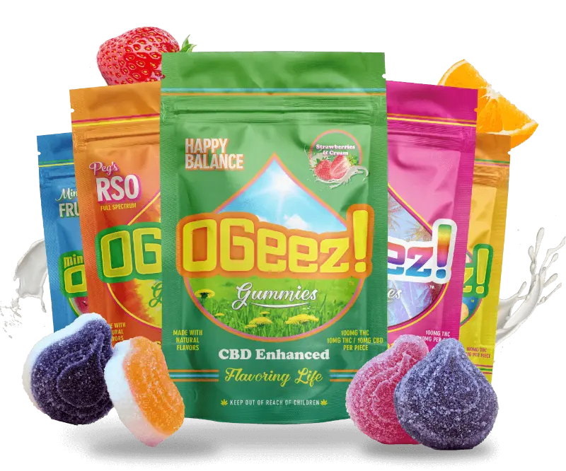 OGeez! cannabis gummies packaging with assorted fruit flavors displayed