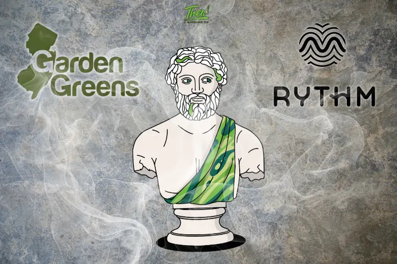 Graphic featuring Garden Greens and Rythm logos with Theo’s statue mascot in the center