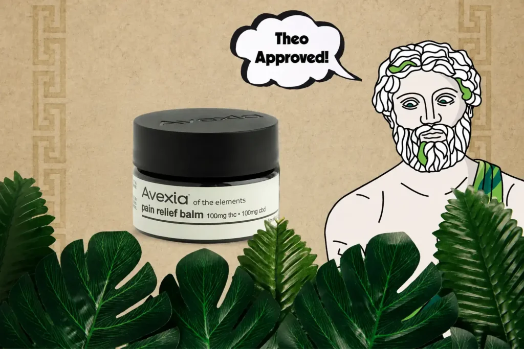 Avexia pain relief balm jar surrounded by tropical foliage, with an illustrated Theophrastus statue and "Theo Approved!" speech bubble endorsing the topical for Theo Cannabis Co. in Franklin Park, NJ