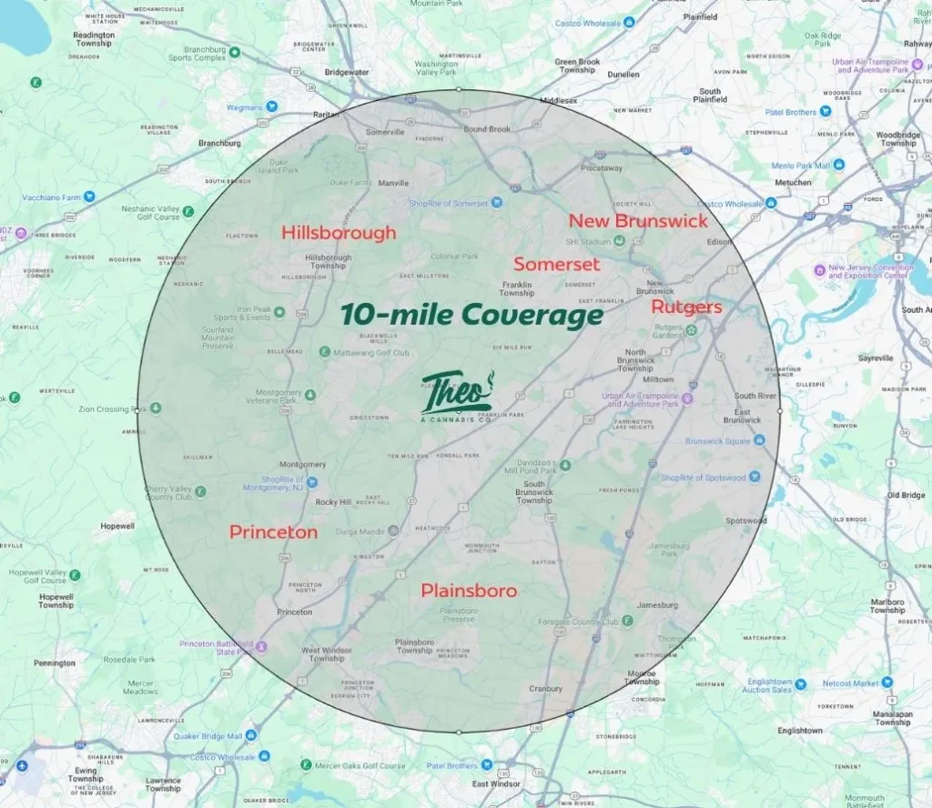 Map showing Theo Dispensary’s cannabis delivery coverage within a 10-mile radius of Franklin Park, NJ, including New Brunswick, Rutgers, Somerset, Plainsboro, Hillsborough, and Princeton.