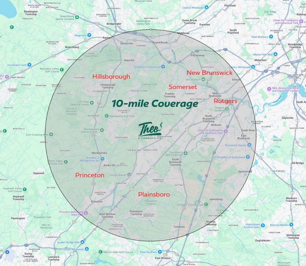 Map displaying Theo Dispensary’s free cannabis delivery zone within a 5-mile radius of Franklin Park, NJ, covering South Brunswick Township, Ten Mile Run, Six Mile Run, and parts of Hillsborough.