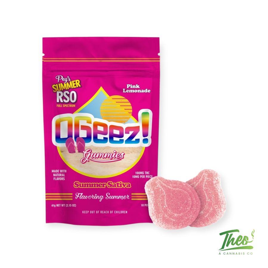 Bright pink bag of OGeez! Pink Lemonade Summer RSO Gummies, labeled as full-spectrum sativa edibles with 100mg THC. Two sugar-coated gummies displayed beside the pack.