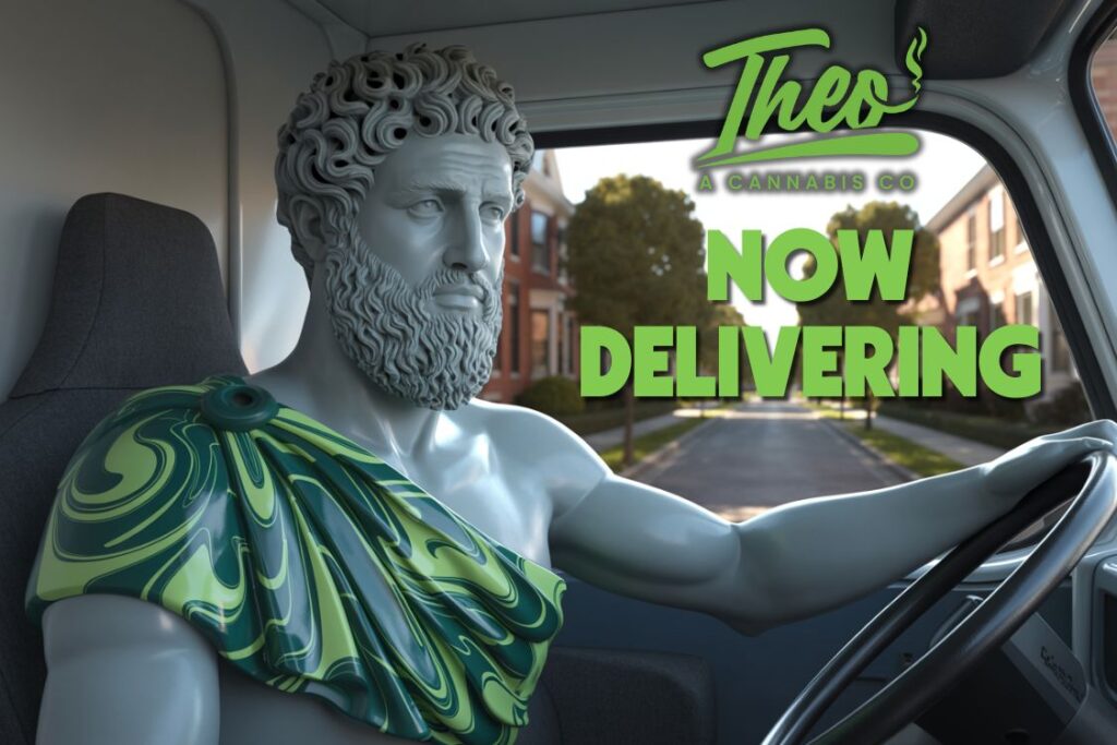 Promotional image of Theo’s mascot driving a delivery van with text overlay “Now Delivering,” representing Theo Cannabis Co.’s new weed delivery service in Franklin Park, NJ.