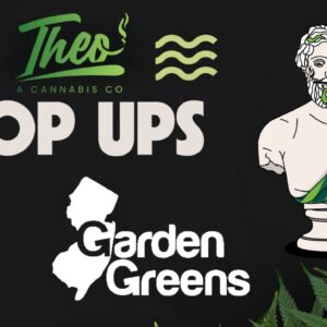 Promotional graphic for a Theo Cannabis Co. pop-up event featuring Garden Greens brand, with cannabis leaves, Theo’s illustrated mascot, and event branding elements