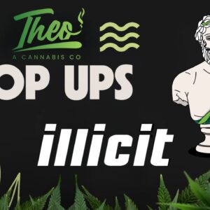 Promotional graphic for a Theo Cannabis Co. pop-up event featuring Illicit brand, with cannabis leaves, Theo’s illustrated mascot, and event branding elements