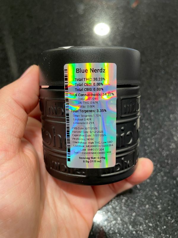 Close-up of Niche Blue Nerdz 3.5g cannabis jar showing detailed THC and terpene content label. High THC indica flower available at Theo Dispensary.