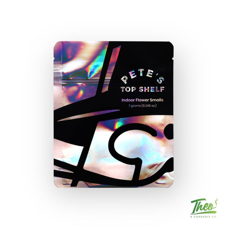 Chrome-finish pouch of Pete’s Top Shelf Indoor Flower Smalls labeled “Game Over,” containing 7 grams of premium cannabis flower.