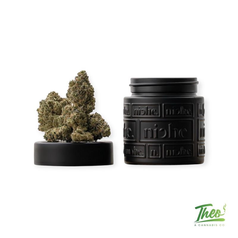 Matte black Niche jar with matching lid displaying Ridgeline Lantz hybrid cannabis buds. Premium flower available at Theo Dispensary.