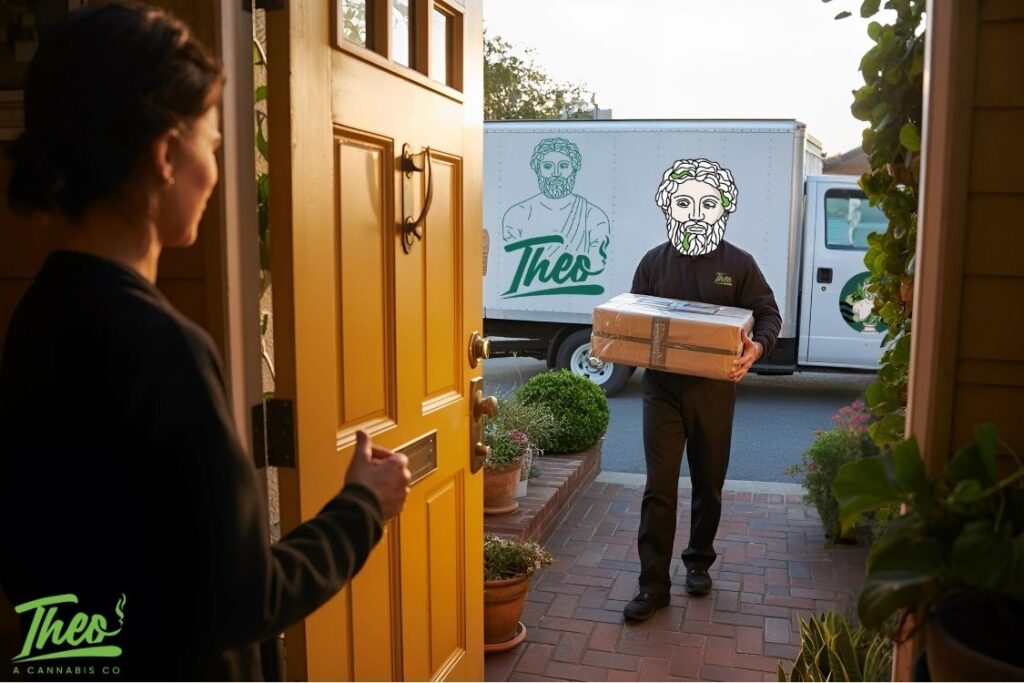 Delivery driver from Theo Cannabis bringing a package to a customer’s door with Theo-branded truck in the background.