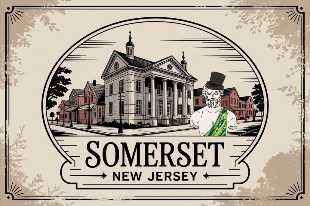 Vintage-style illustration of Somerset New Jersey with courthouse, historic buildings, and Theo Cannabis mascot in toga and top hat.