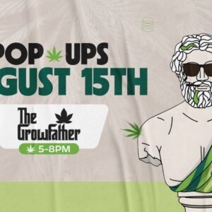 The GrowFather cannabis brand pop-up at Theo Dispensary on August 15th, 5PM to 8PM – fun statue artwork with green cannabis leaves.