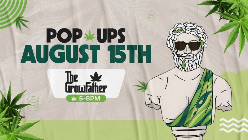 The GrowFather cannabis brand pop-up at Theo Dispensary on August 15th, 5PM to 8PM – fun statue artwork with green cannabis leaves.
