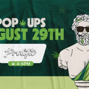 Prolific cannabis brand pop-up at Theo Dispensary on August 29th, 4PM to 6PM – Greek bust statue in shades surrounded by weed leaves.