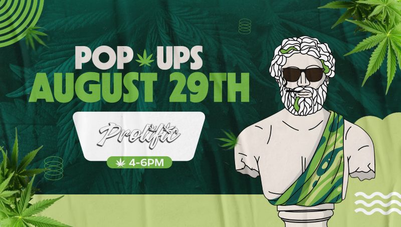 Prolific cannabis brand pop-up at Theo Dispensary on August 29th, 4PM to 6PM – Greek bust statue in shades surrounded by weed leaves.