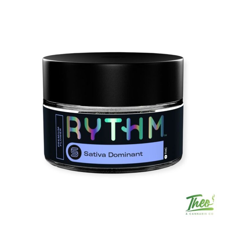Black jar of Rythm Sativa Dominant premium cannabis flower, available at Theo dispensary in Franklin Park, NJ.
