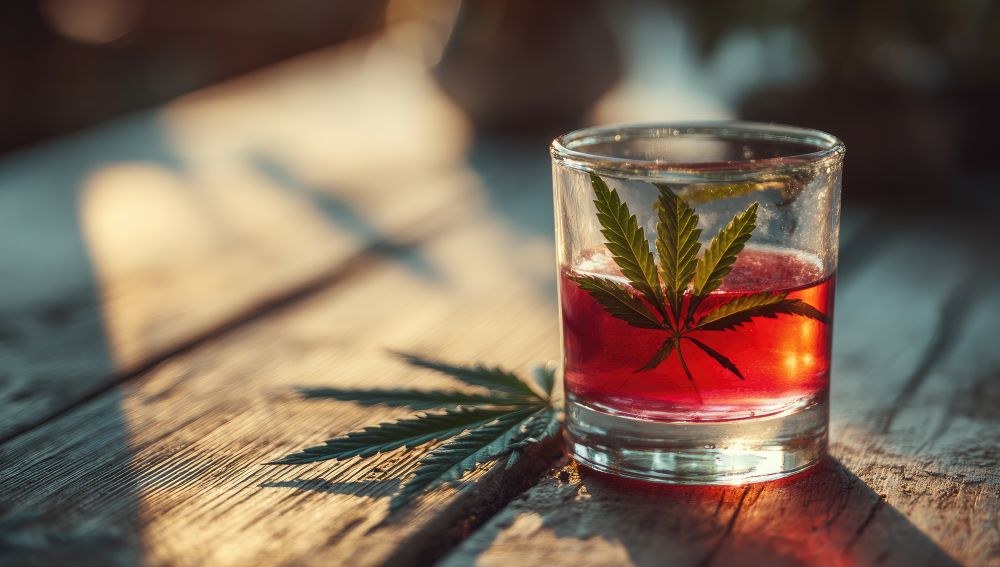 A glass of red cannabis-infused drink garnished with a fresh cannabis leaf, sitting on a rustic wooden table in warm sunlight.