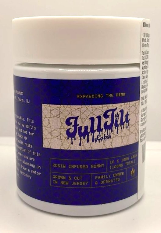 Jar of Full Tilt Labs Blue Raspberry Rosin Infused Gummies featuring blue and white packaging. 100mg total THC, grown and made in New Jersey.