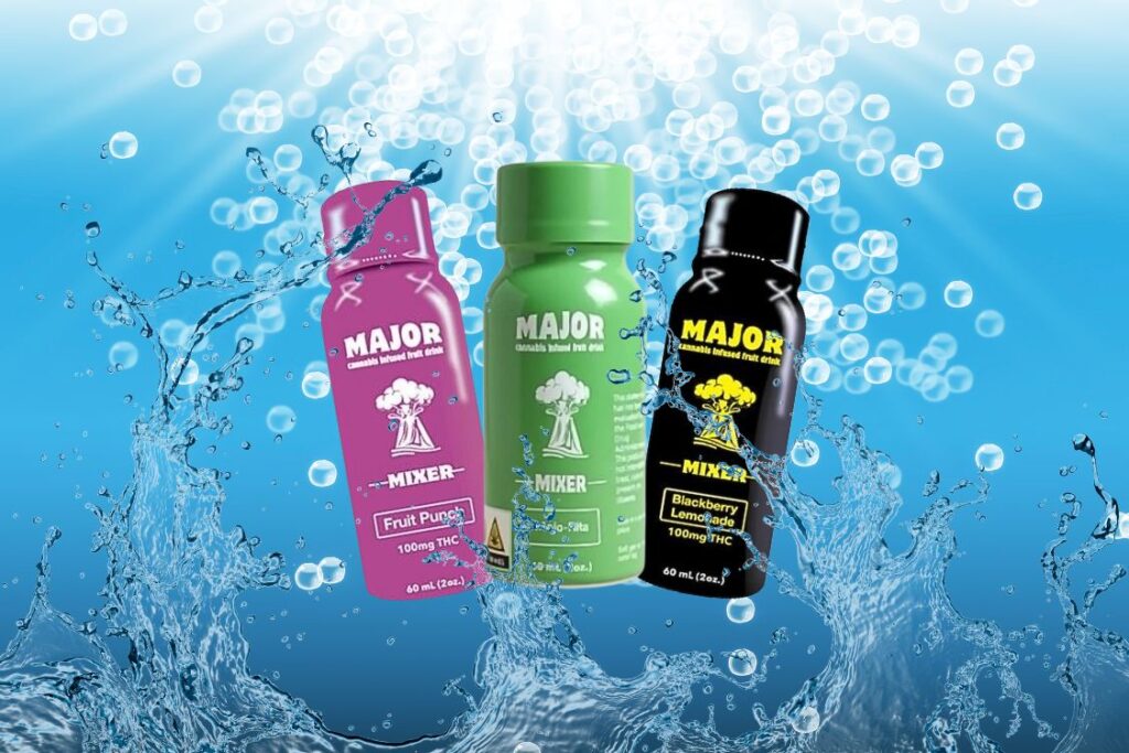 Three colorful bottles of Major cannabis-infused drink mixers — Fruit Punch, Green Apple, and Blackberry Lemonade — displayed against a bubbly water background, highlighting fast-acting THC beverage options.