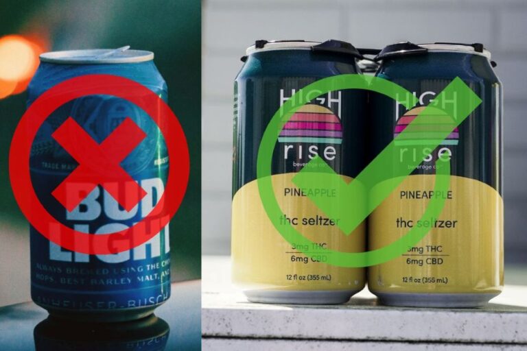 Side-by-side comparison showing a Bud Light beer can with a red X and a pack of High Rise Pineapple THC seltzers with a green check mark, highlighting cannabis drinks as a preferred alternative to alcohol.