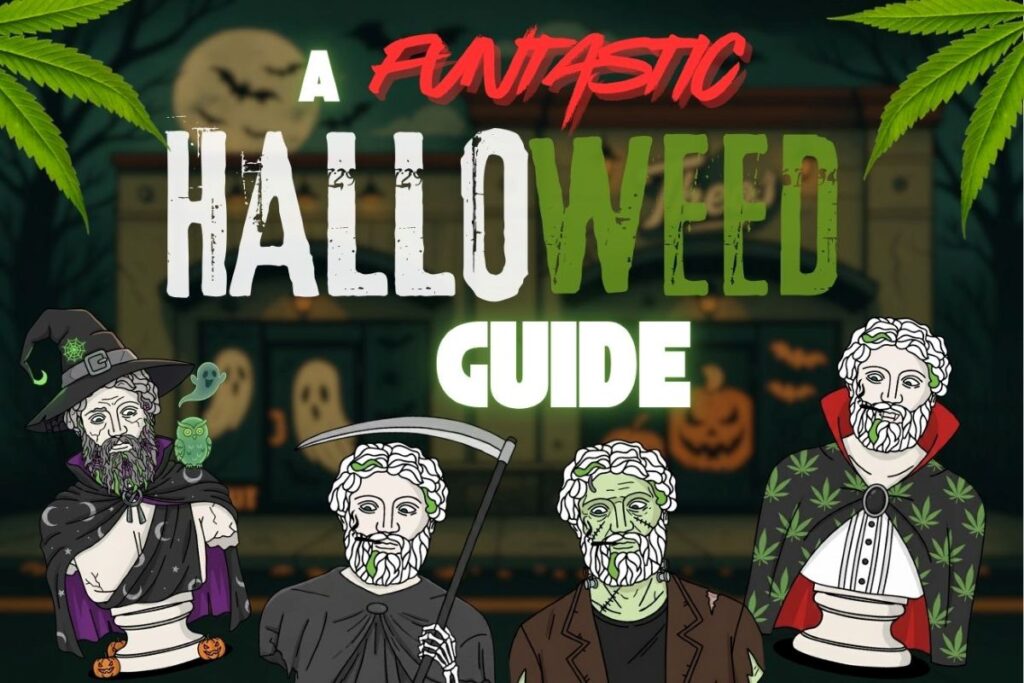Halloween-themed banner titled “A Funtastic Halloweed Guide,” featuring four illustrated Theo mascots dressed as a wizard, grim reaper, zombie, and vampire in front of a spooky backdrop with pumpkins, ghosts, and cannabis leaves.