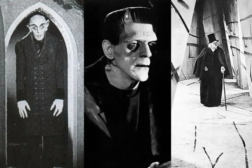 Black and white collage featuring classic horror movie characters including a vampire, a monster with bolts on his neck, and an old man with a cane, representing early cinematic horror icons.